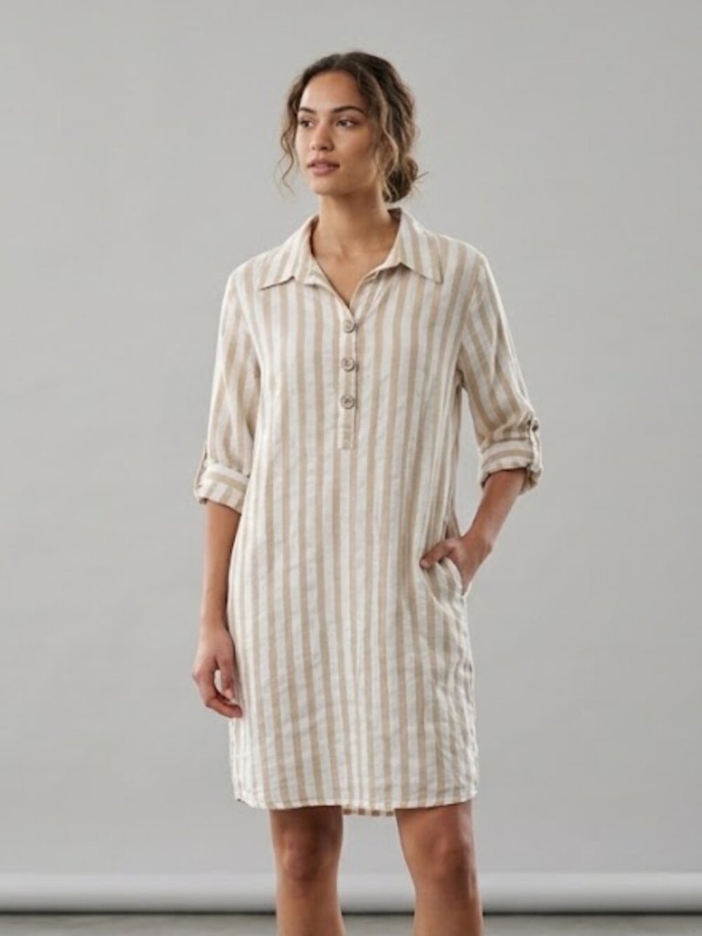 J. Gee Size XL Yellow Cream Stripe Shirt Dress Button Long Sleeve Beachy Light